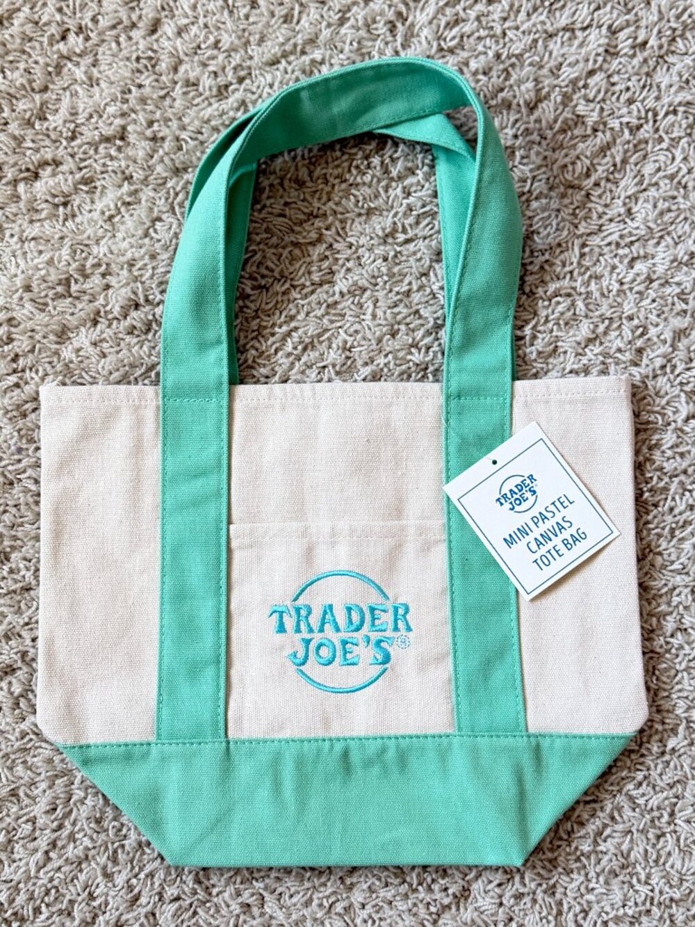 Trader Joe's Mini Canvas Tote Bag Pastel Color Mint Green NWT